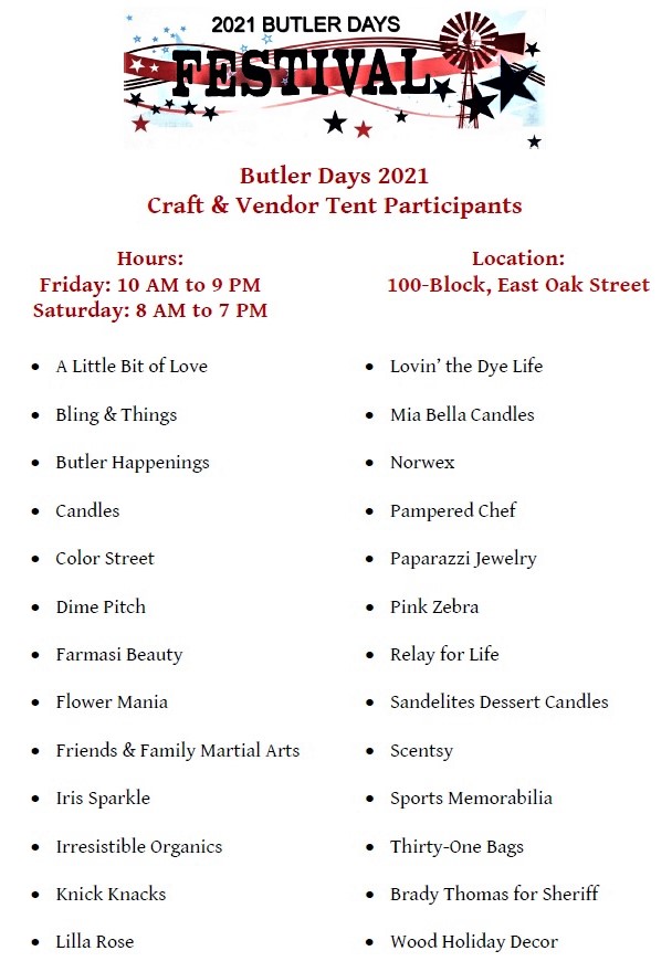 2021 Butler Days - Craft and Vendor Tent Participants